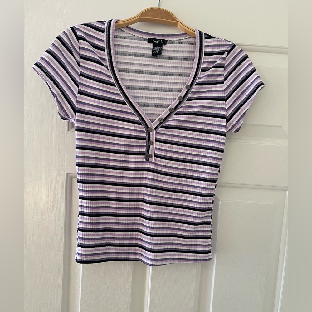 Rue21 Striped Black/Purple with Buttons Top